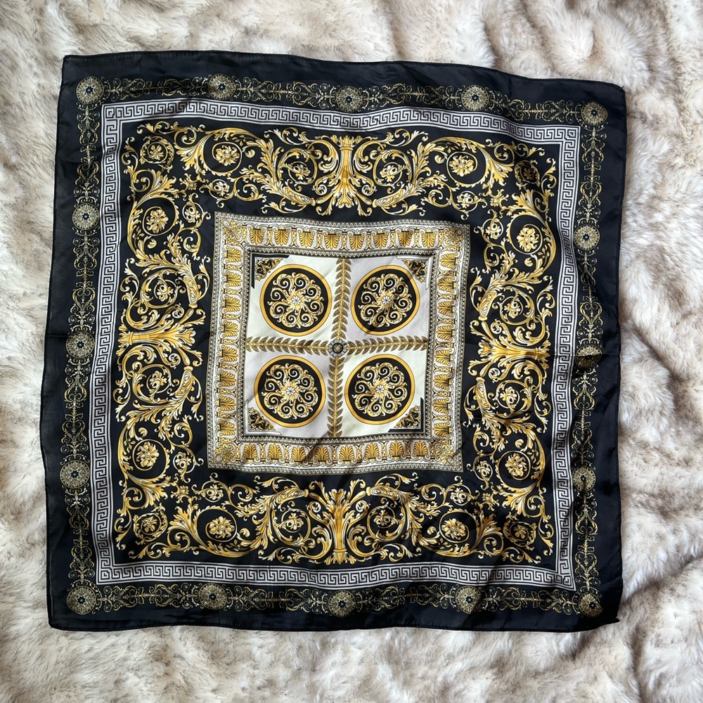 Black and Gold Baroque Print Satin Scarf